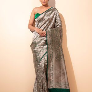 Bottle Green Shikargah Brocade Handloom Banarasi Saree